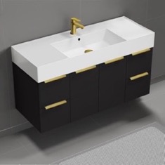 48 inch Floating Bathroom Vanity With Sink - Modern, Matte Black, Gold Handles